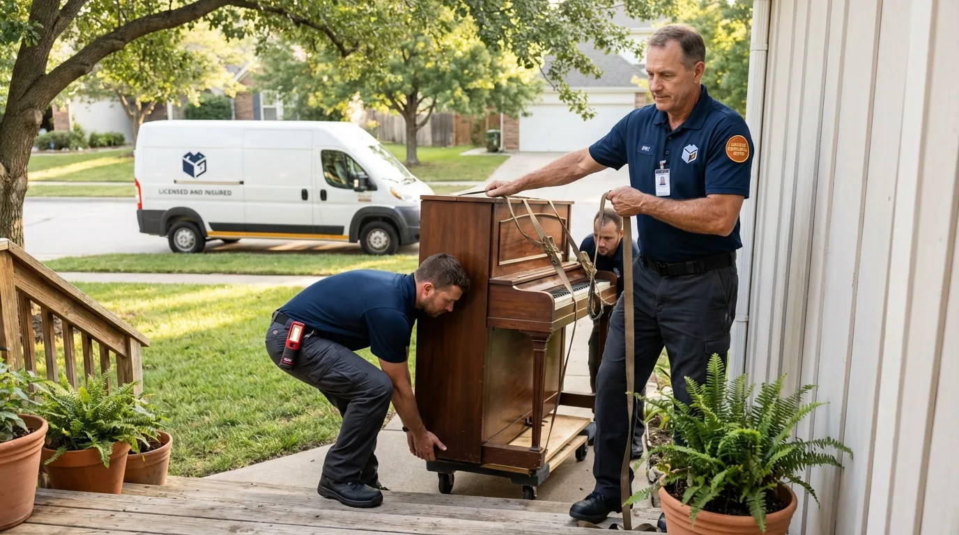 Licensed piano movers securing grand piano in Ogunquit, ME